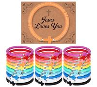 Landical 30 Set Cross Bracelets Bulk Jesus Christian Bracelets with Blessing Card Handmade Elastic Colorful Polymer Clay Beaded Religious Christian Wristbands for Women Kids Easter Hunt Gift(Rainbow)