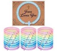 Landical 30 Set Cross Bracelets Bulk Jesus Christian Bracelets with Blessing Card Handmade Elastic Colorful Polymer Clay Beaded Religious Christian Wristbands for Women Kids Easter Hunt Gift(Macaron)