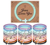 Landical 30 Set Cross Bracelets Bulk Jesus Christian Bracelets with Blessing Card Handmade Elastic Colorful Polymer Clay Beaded Religious Christian Wristbands for Women Kids Easter Hunt Gift (Morandi)