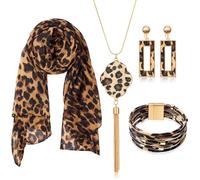 Landical 4 Pcs Leopard Print Scarf and Jewelry Set Women Cheetah Wrap Shawl Dangle Earrings Leather Necklace Multilayer Bracelet (Square), 70% polyester, 30% silk