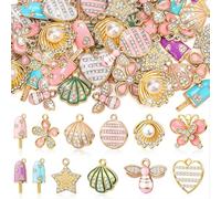 Landical 48 Pcs Spring Charms for Jewelry Making Assorted Gold Enamel Flower Butterfly Ice Cream Shell Star Heart Jewelry Pendants for Spring Bracelet Necklace Earring Craft Making Supplies