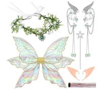 Landical 6 Pcs Halloween Large Butterfly Fairy Wing Costume Set for Women Adult Fairy Wings Dress up Elf Ear Flower Star Wand Headdress Earrings for Cosplay Halloween Costume Outfit Multicolor
