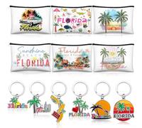 Landical 6 Sets Florida Souvenir Gifts Include 6 Pcs Florida Cosmetic Bag and 6 Pcs Metal Keychain for Women Traveler Christmas Party Gifts