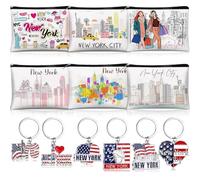Landical 6 Sets New York Souvenir Gifts Include 6 Pcs New York Cosmetic Bag and 6 Pcs Metal Keychain for Women Traveler Christmas Party Gifts