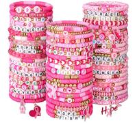 Landical 64 Pcs Pink Ribbon Breast Cancer Awareness Bracelet for Women Adjustable Pink Ribbon Beads Bracelets Hope Fight Courage Breast Cancer Support Jewelry Gifts for Friend Survivor Party Favors