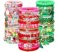 Landical 64 Pieces Valentines Beads Bracelets for Women St. Patrick's Day Easter Surfer Heishi Bracelets Bulk Cute Beaded Stretch Jewelry Polymer Clay Stackable Jewelry for Women Boho