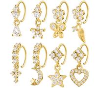 Landical 8 Pcs Dangly Nose Ring for Women Dangle Nose Rings with Charm Butterfly Star Heart Hoop, Style 2, 14k gold plated copper, no gemstone