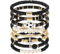 Landical 8 Pcs Soccer Game Day Bracelets Heishi Clay Beaded Stretch Bracelets Soccer Mom Accessories Jewelry Gifts, M, polymer clay disc beads, metal, rhinestone, polymer clay disc beads, metal