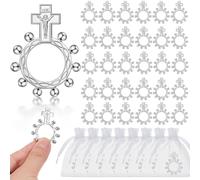 Landical Baptism Favors Set Religious Finger Rosary Rings Bulk Small Pocket Cross Prayer Catholic Rings with Organza Bags for Guests Men Women Christening Party Favors Baby Shower Supplies, Metal