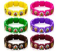 Landical Wood Catholic Bracelets for Women Men Elastic Religious Bracelets with Images Christian Saints Rosary Wristbands Jesus and Rosary Decor for Guest Jesus Baptism First Communion Gift, 3.74INCH