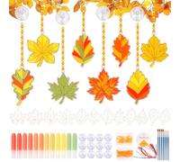 Landifor 12 pcs Leaves Craft for Kids Fall Themed Maple Leaves Suncatcher Ornament DIY Paint Maple Oak Leaves Window Art for Child Grandkid Autumn Harvest Classroom Activity Art Project Party Decor