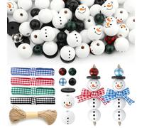 Landifor 128pcs Wooden Christmas Snowman Beads Winter Snowman Bead Ornament Xmas Loose Buffalo Plaid Beads with Hemp Rope for Winter Wonderland Christmas Tree Craft Decoration (Assembly Needed)