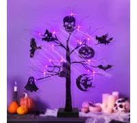 Landifor 2ft Lighted Birch Tree - Purple LED Halloween Tabletop Decor with 12 Hanging Ornaments
