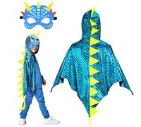 Landifor 2pcs Dinosaur Costume for Kids Blue Dino Fancy Dress Outfit Dragon-Wings Cape with Dino Mask for 3-8 Years Toddler Jurassic Themed Party Costume Cosplay Pretend Play