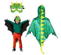 Landifor 2pcs Dinosaur Costume for Kids Green Dino Fancy Dress Outfit Dragon-Wings Cape with Dino Mask for 3-8 Years Toddler Halloween Jurassic Themed Party Costume Cosplay Pretend Play