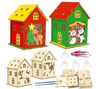 Landifor 4 Set DIY Wooden Christmas House with LED Tealights Paintable Xmas Wooden House Ornaments Christmas DIY Blank Unfinished Wood Hanging Pendants for Kids Xmas Tree Craft Decor
