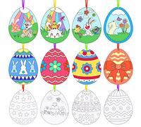 Landifor 48pcs Easter Egg Craft for Kids Easter Colour-in Egg DIY Painting Hanging Eggs Ornament with Brushes & Colorful Ribbons for Kids Spring Easter Party Activity