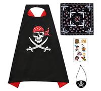 Landifor 4pcs Halloween Pirate Costume Set Pirate Captain Cape Skull Paisley Bandana Pirate Eye Patches with Temporary Tattoo for Kid Halloween Pirate Birthday Theme Dress Up Pretend Play, Black