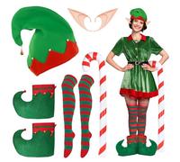 Landifor 5 pcs Christmas Elf Costume Accessories Santa Helper Costume Elf Hat Shoe Cover Striped Stocking Pixie Ears with Inflatable Candy Cane Gift for Adults Jingle Bell Xmas Winter New Year Eve