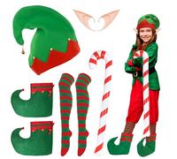 Landifor 5 pcs Christmas Elf Costume Accessories Santa Helper Costume Elf Hat Shoe Cover Striped Stocking Pixie Ears with Inflatable Candy Cane Gift for Kid Teen Jingle Bell Xmas Winter New Year Eve