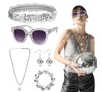 Landifor 5-Piece 70s Disco Costume Set - Women's Retro Fancy Dress with Bling Sunglasses, Headband, Earrings, Necklace, and Bracelet