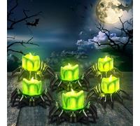 Landifor 6 Pack LED Halloween Spider Candles Flameless Spider LED Green Tealight Battery Operated Halloween Lamp Candle Lanterns for Haunted House Halloween Night Indoor Decor
