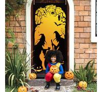 Landifor Halloween Horror Witch Cauldron Door Banner 6 x 2.9 ft Mysterious Witch Hanging Backdrop for Scary Halloween Haunted House Night Decor