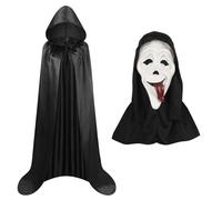 Landifor Halloween Scary Costume Kit Horrible Film Costume Set Terrifying Skull Ghost Dress Up Ghostface Mask with Tongue Out Black Hooded Cape for Haunted House Halloween Fright Night Party Cosplay
