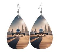 landing airplane double-sided printed leather earrings int and shape of water drops, creative, light and novel, bright and vivid colors.