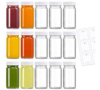 LANDNEOO 15 Pack 2 oz Glass Shot Bottles w/White Lids & 15 Labels - Small Clear Jar for Ginger, Wellness Shot, Juice, Sample, Whiskey - Travel Mini Bottles - Wide Mouth, Leakproof, Dishwasher Safe
