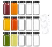 LANDNEOO 15 Pack 2 oz Glass Shot Mini Bottles w/Black Lids & 15 Labels - Small Clear Jar for Ginger, Wellness Shot, Juice, Sample, Whiskey - Travel Essentials - Wide Mouth, Leakproof, Dishwasher Safe