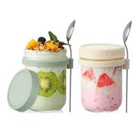 LANDNEOO 2 Pack Overnight Oats Containers with Lids and Spoons, 16 oz Glass Mason Jars for Overnight Oats, Large Capacity Airtight Jars for Milk, Cereal, Fruit (Beige+Green)