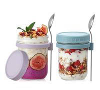 LANDNEOO 2 Pack Overnight Oats Containers with Lids and Spoons, 16 oz Glass Mason Jars for Overnight Oats, Large Capacity Airtight Jars for Milk, Cereal, Fruit (Blue+Purple)