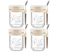 LANDNEOO 4 Pack Overnight Oats Containers with Lids and Spoons, 16 oz Glass Mason Jars with Airtight Lids, Overnight Oats Jars for Milk, Cereal, Fruit-Beige