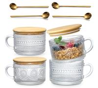 LANDNEOO 4pcs Set Vintage Coffee Mugs gifts for women, Overnight Oats Containers with Bamboo Lids and Spoons - 14oz Clear Embossed Glass Cups, Cute Coffee Bar Accessories, Iced Coffee Glasses