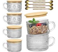 LANDNEOO 6 Pack 14oz Vintage Glass Coffee Mugs with Bamboo Lids and Spoons, Green Embossed Drinking Glasses for Iced Coffee, Tea, Latte