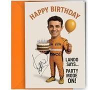 Lando Norris Birthday Card - Funny “Party Mode On” Greeting with Reproduction Printed Autograph | Formula 1 Racing Collectible for Men and Women No1961