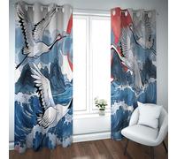 LANDOCROWN Cartoon Cranes Long Eyelet Thermal Curtains Japanese Style Waves Energy Saving Noise Reducing Curtains & Drapes for Bedroom 80x84 Inch 2 Panels