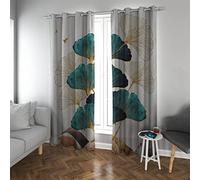 LANDOCROWN Gold Ginkgo Biloba Leaf Blackout Curtains Abstract Teal Textured Insulated Drapes Modern Botanical Curtain for Living Room 42x54 Inch 2 Panels