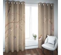 LANDOCROWN Original Design Beige Window Treatment Pink Peach Blossom Floral Eyelet Blackout Curtain for Living Room Lovely Birds Drapes 46x90 Inch 2 Panels