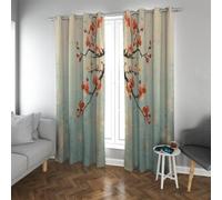 LANDOCROWN Retro Nostalgic Blackout Curtains Red Plum Blossom Japanese Aesthetic Window Treatment Light Blue Sun Protection Drapes Home Decor 46x72 Inch 2 Panels