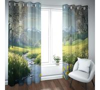 LANDOCROWN Spring Blackout Curtains Flower Field Print Noise Reducing Thermal Insulated Mountain Stream Print Drapes for Patio Sliding Door 46x54 Inch 2 Panels