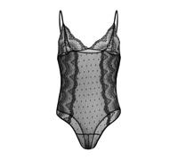 Landofgenie Men's Polka Dot Mesh Bodysuit, Sheer Tulle Lace One Piece Lingerie with Deep V Neck & Adjustable Straps Black M