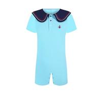 Landofgenie Men's Short Sleeve Sailor Collar Onesie Pyjamas Bodysuit One Piece Rompers Botton Crotch Top Shirt Pyjamas, azure, L Plus