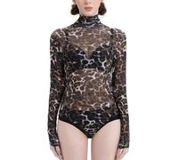 Landofgenie Women's Leopard Print Mesh Bodysuit with Snap Crotch Stretchy Long Sleeve Turtleneck Onesie, L