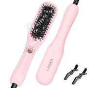 LANDOT Mini Hair Straightener Brush - 30s Fast Heat Ceramic Flat Iron Comb, 3 Temp Settings for All Hair Types, Dual Voltage Travel Styling Tool, Blush Pink