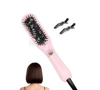 LANDOT Mini Hair Straightening Brush - Compact Heated Ionic Straightener Brush for Frizz-Free, Smooth Results, Lightweight Hot Comb & Travel Flat Iron Perfect for Short Medium Hair, Blush Pink