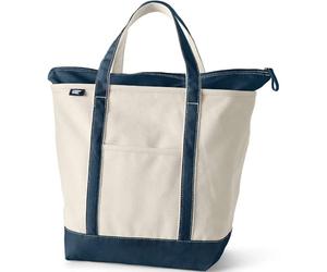 Lands' End - Natural Zip Top Canvas Tote Bag - 100% Cotton Navy Canvas Bag - XL - With Water Repellent Base and Trim - Internal and External Pockets & 500lb Capacity - Gym, Uni and Travel Essentials