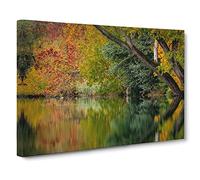 Landscape Autumn Forest Lake Reflection Canvas Print | Gallery Wrapped 30mm Frame Wall Art | 20x14 inches | Ready to Hang | Modern Landscape Picture | Living Room Bedroom Lounge Office