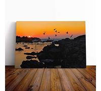 Landscape Baiona Spain Sunset and Birds Canvas Print | Gallery Wrapped 30mm Frame Wall Art | 30x20 inches | Ready to Hang | Contemporary Landscape Picture | Living Room Bedroom Lounge Office